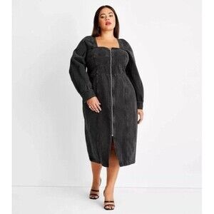 Future Collective X Kahlana Barfield Brown Denim Midi Aline Dress 20/22W Smocked